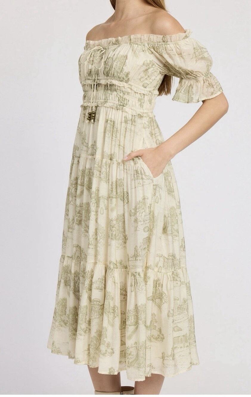 En Saison Women's Leighton Off-the-Shoulder MIDI Dress Cream Olive XS Princess
